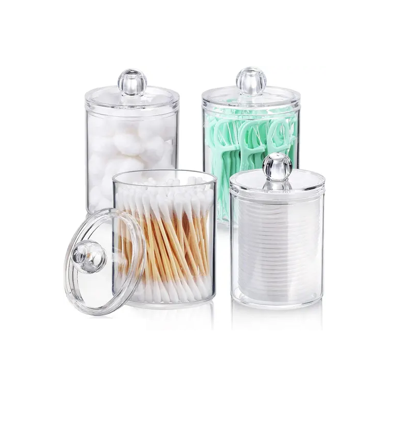 Zeinwap Q-Tip Cottonswab Storage Dispenser, Clear Cotton Ball Swab Holder Cotton/Earbud Holder Storage Box, Cosmetics Makeup Storage Holder Box for Women Organizer Container with Lid (Pack of 4)