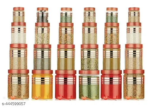 16 pcs Line Printed Storage Container With 16 Pcs Spoon (FREE) , (4 Piece-1200ml , 4 Piece - 650ml , 4 Piece -350ml , 4 Piece -250ml Each), Color - Golden