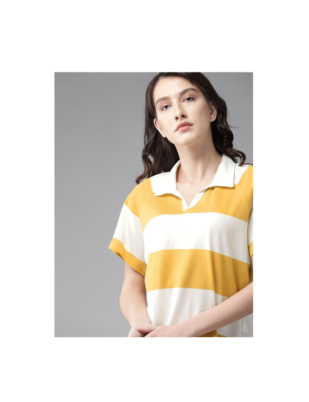 Women Yellow & Off-White Striped Pure Cotton Polo Collar T-shirt