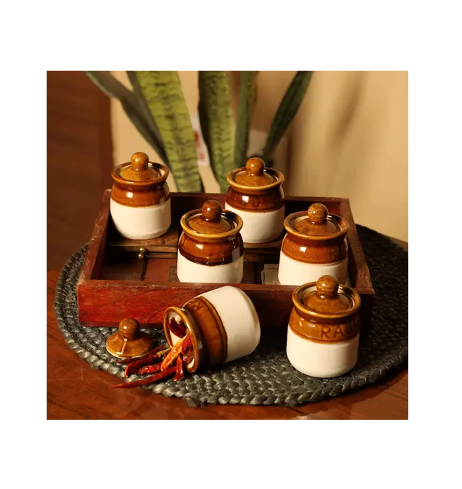 Golden Clay Craft Ceramic Jar, Multipurpose Storage Container, Set Of 6 Achar Barni 200Ml Handmade Ceramic Pickle Jar Set With Lid, Cookie Jar, Dining Table & Kitchen Storage, Brown