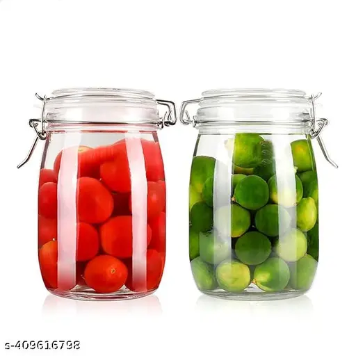 Premium Clip Airtight Glass Canister Food Storage Container Jar(1200ML) (Pack Of 2) Thin Kitchen With Lid Of Glass, Glass Lock With Wire Clip Lock, Top Fastening Lid, Perfect For Kitchen Cereal, Tea,