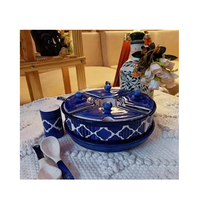 Niyara Ceramic Handpainted Multipurpose Storage Ceramic Jars & Containers with Lid,Spoons,Salt Dispenser & Tray ( 400 ML,set 5 (Blue)