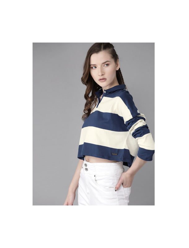 Women White & Navy Blue Antiviral Protective Cropped Polo Collar T-shirt