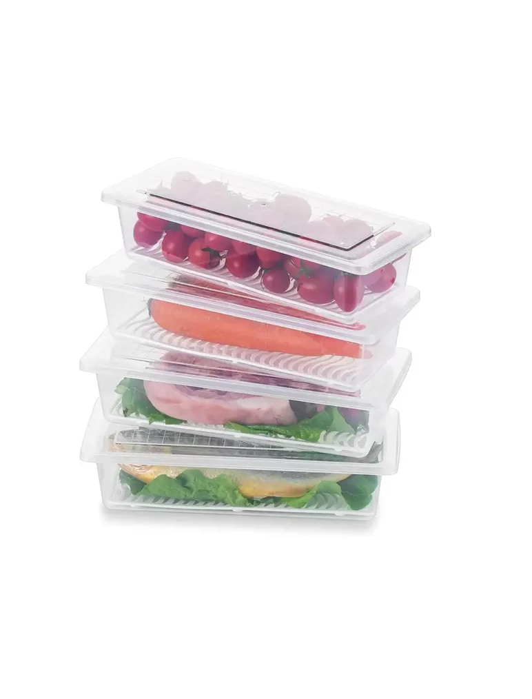 4PCS Food Grade Plastic Fridge Storage Container, Food Container, Fridge Organizer Case with Removable Drain Plate Freezer Container Boxes for Storing Fish, Meat, Vegetables - 1800ml