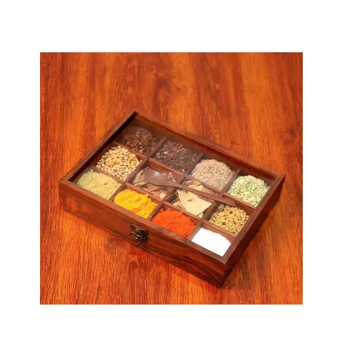Wooden Spice Box for Kitchen /Traditional Indian Spice Box with Spoon Hand Crafted Rosewood Masala Box - Store and Display Your Spices in 12 Partitions