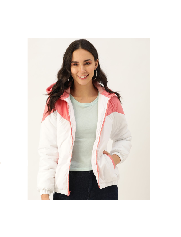 Women White & Pink Colourblocked Hooded Bomber Jacket