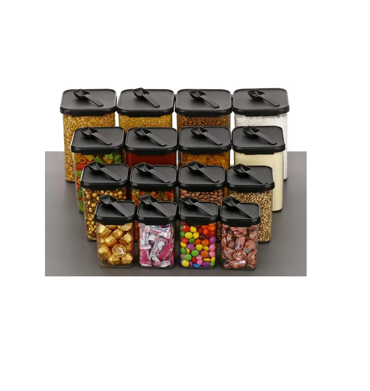 Plastic Airtight Heavy Quality Square Unbreakable Container Set Kitchen Storage with Spoons, Kitchen Dabba Set, Grocery Box with Different Capacities black Set of 16